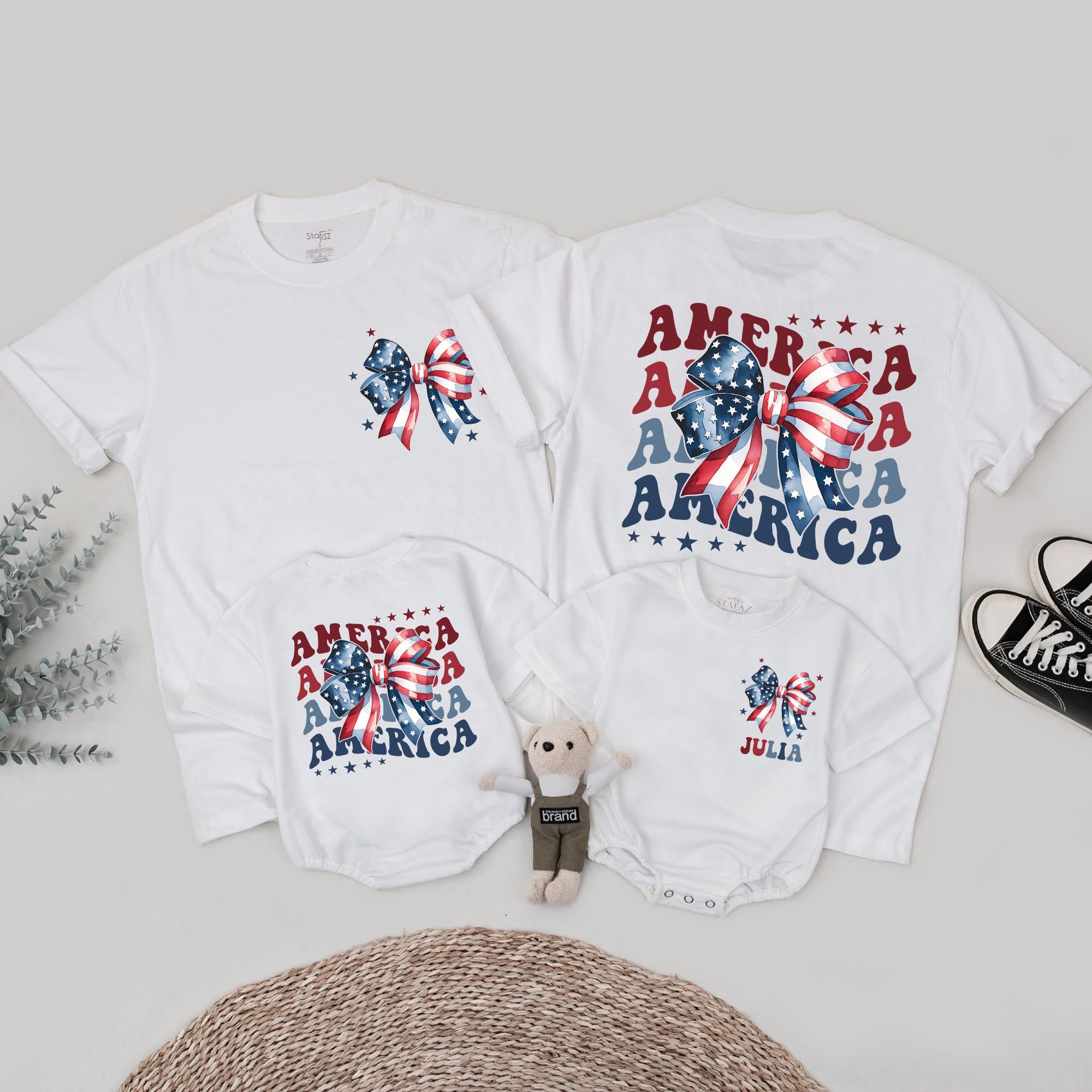 Custom Family 4th of July Outfits with USA Flag Bow Personalized Infant Clothes Patriotic Shirts American Pride Matching Set