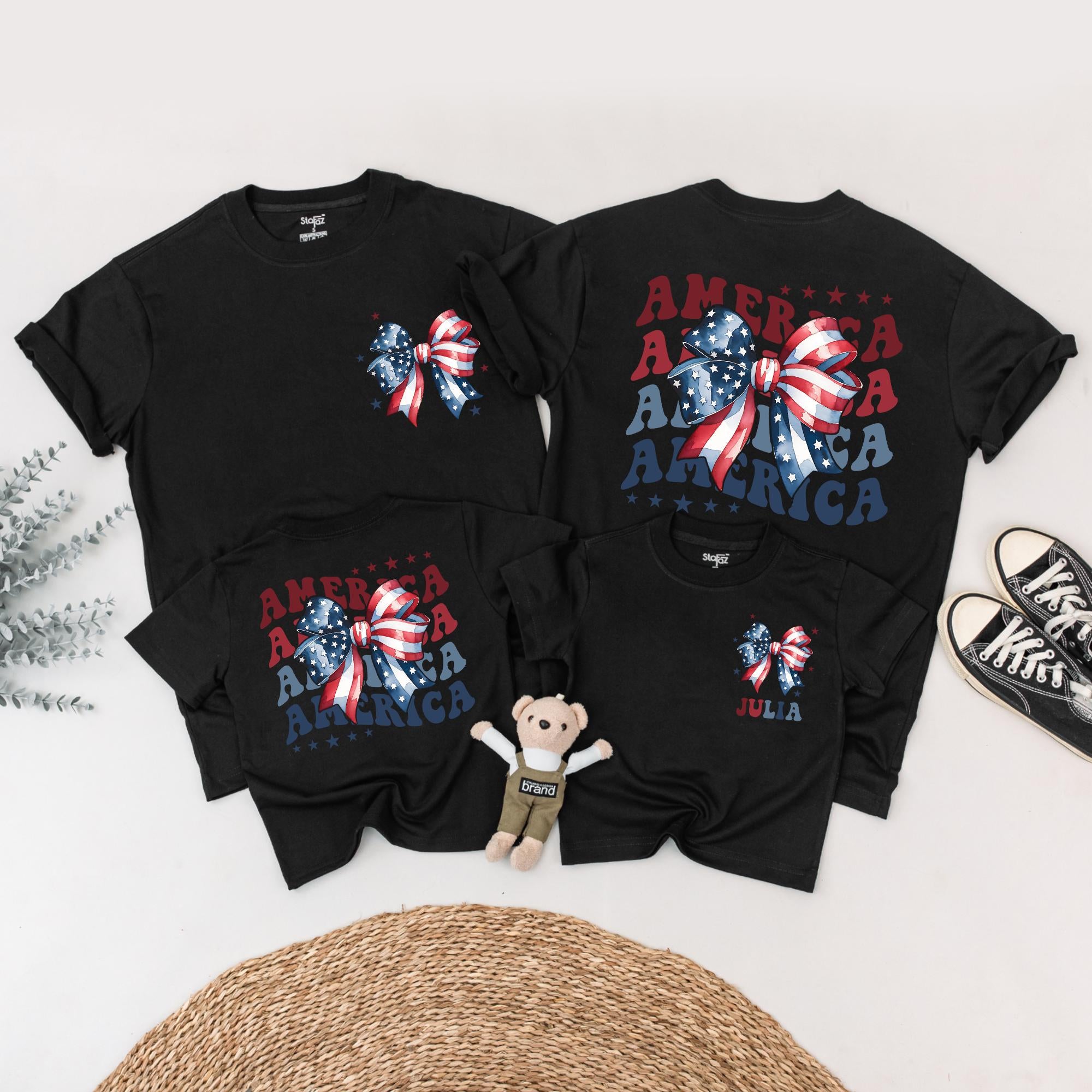 Custom Family 4th of July Outfits with USA Flag Bow Personalized Infant Clothes Patriotic Shirts American Pride Matching Set