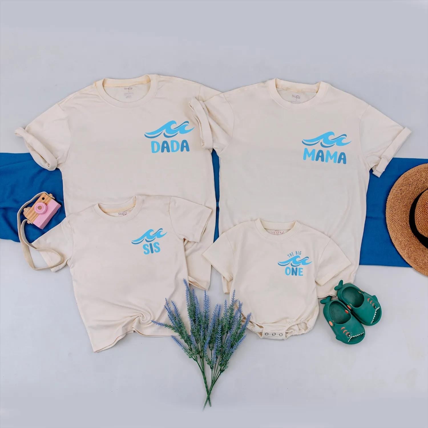 Custom Family Beach T-Shirts for The Big One's Birthday Fun Wave Design Summer Matching Tees in Blue for Mom Dad Sis Baby Party Outfit