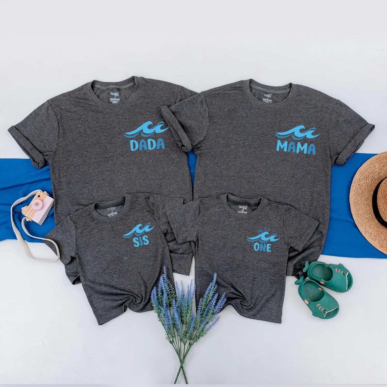 Custom Family Beach T-Shirts for The Big One's Birthday Fun Wave Design Summer Matching Tees in Blue for Mom Dad Sis Baby Party Outfit