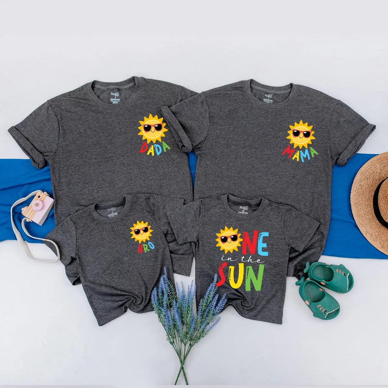 Custom Family Birthday Shirt Set with Sun Design, First Birthday Outfit for Baby One in the Sun, Summer Matching Party Clothes Gift