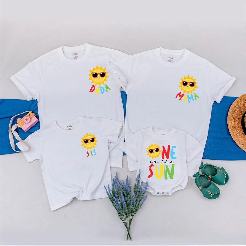 Custom Family Birthday Shirt Set with Sun Design, First Birthday Outfit for Baby One in the Sun, Summer Matching Party Clothes Gift