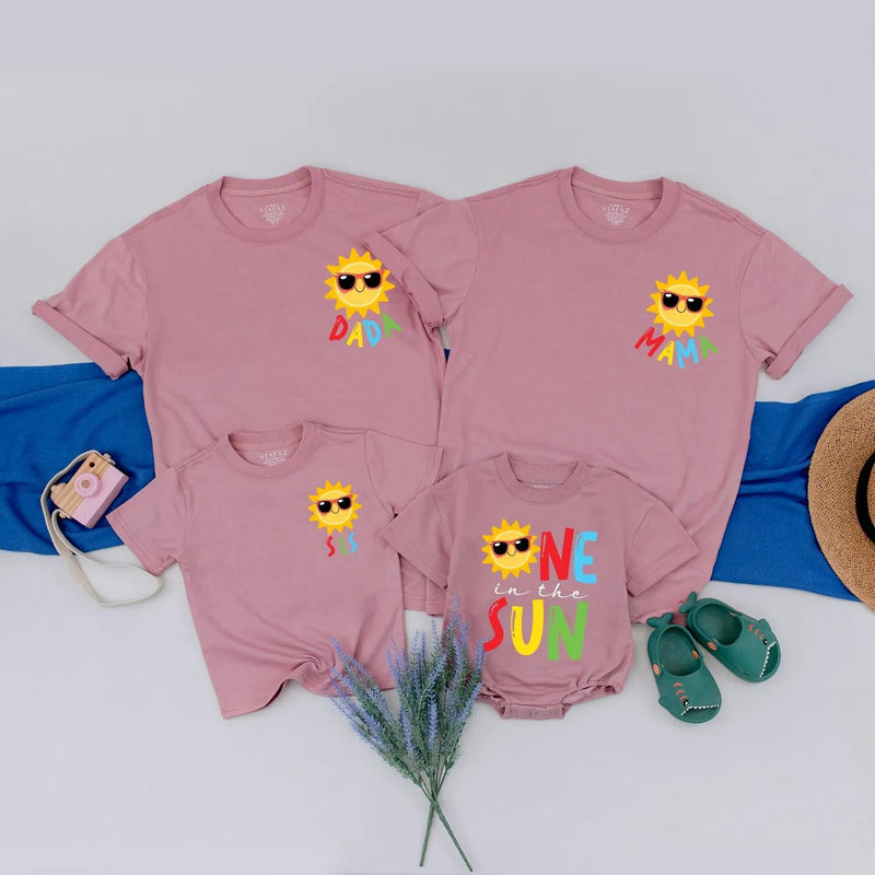 Custom Family Birthday Shirt Set with Sun Design, First Birthday Outfit for Baby One in the Sun, Summer Matching Party Clothes Gift