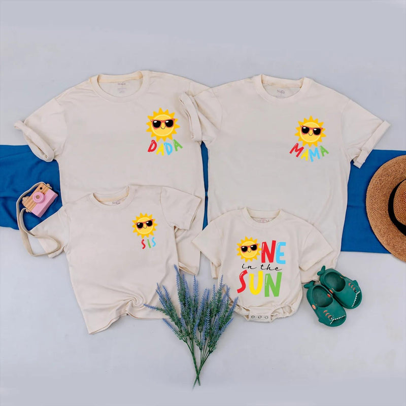 Custom Family Birthday Shirt Set with Sun Design, First Birthday Outfit for Baby One in the Sun, Summer Matching Party Clothes Gift