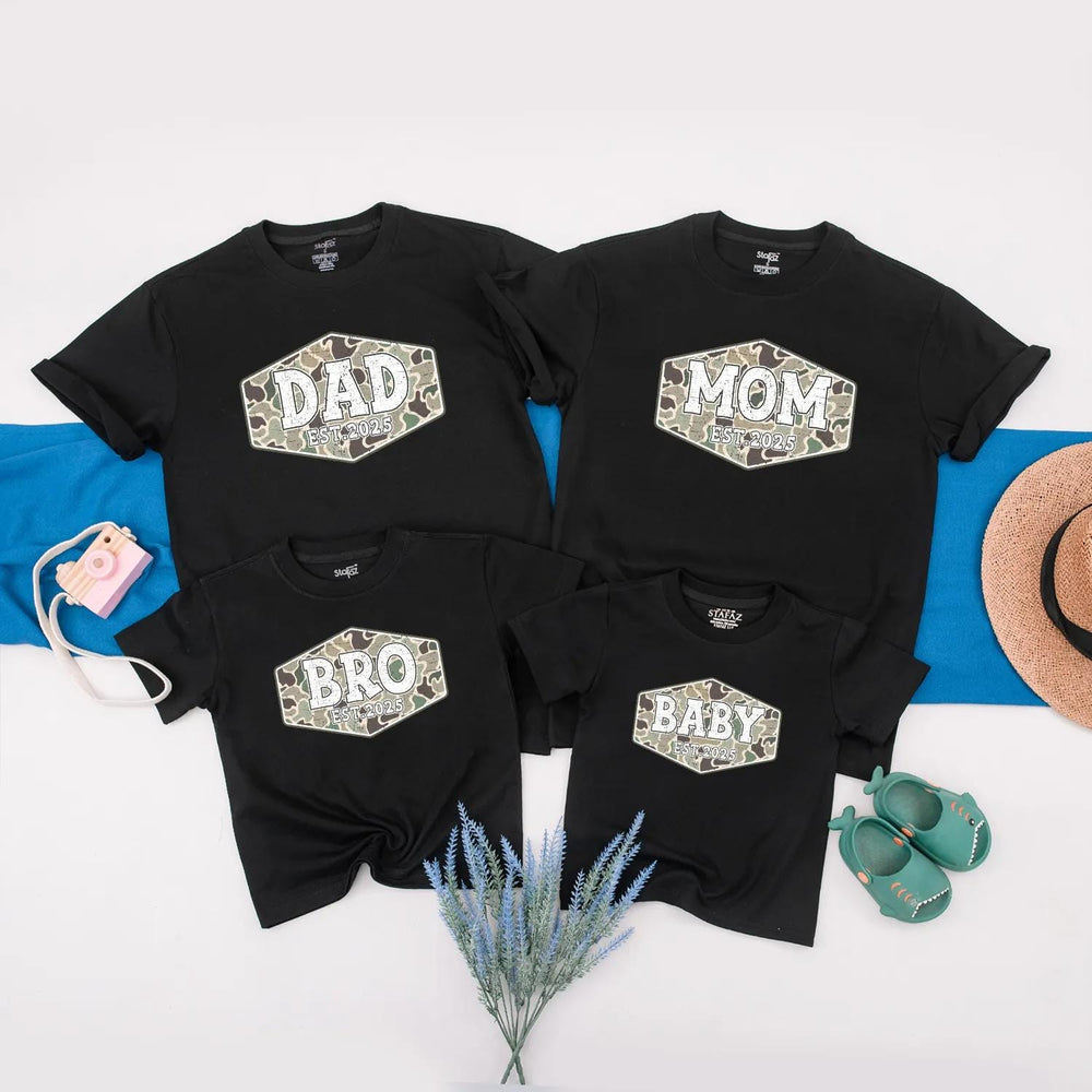 Custom Family Camouflage Shirts with Est. 2025 Design, Matching Dad Mom Baby Toddler Tees, Soft Cotton Camo Outfit for Holidays or Gifting