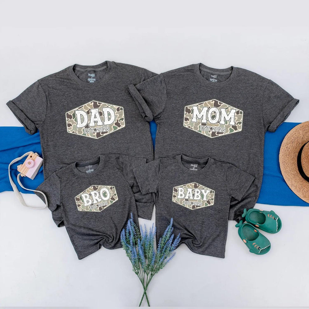 Custom Family Camouflage Shirts with Est. 2025 Design, Matching Dad Mom Baby Toddler Tees, Soft Cotton Camo Outfit for Holidays or Gifting