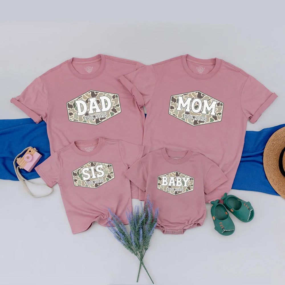 Custom Family Camouflage Shirts with Est. 2025 Design, Matching Dad Mom Baby Toddler Tees, Soft Cotton Camo Outfit for Holidays or Gifting