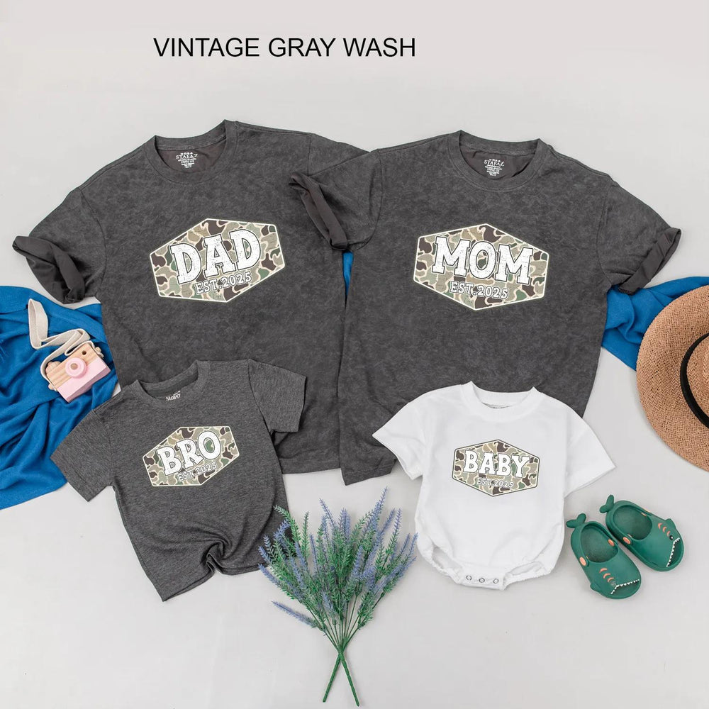 Custom Family Camouflage Shirts with Est. 2025 Design, Matching Dad Mom Baby Toddler Tees, Soft Cotton Camo Outfit for Holidays or Gifting