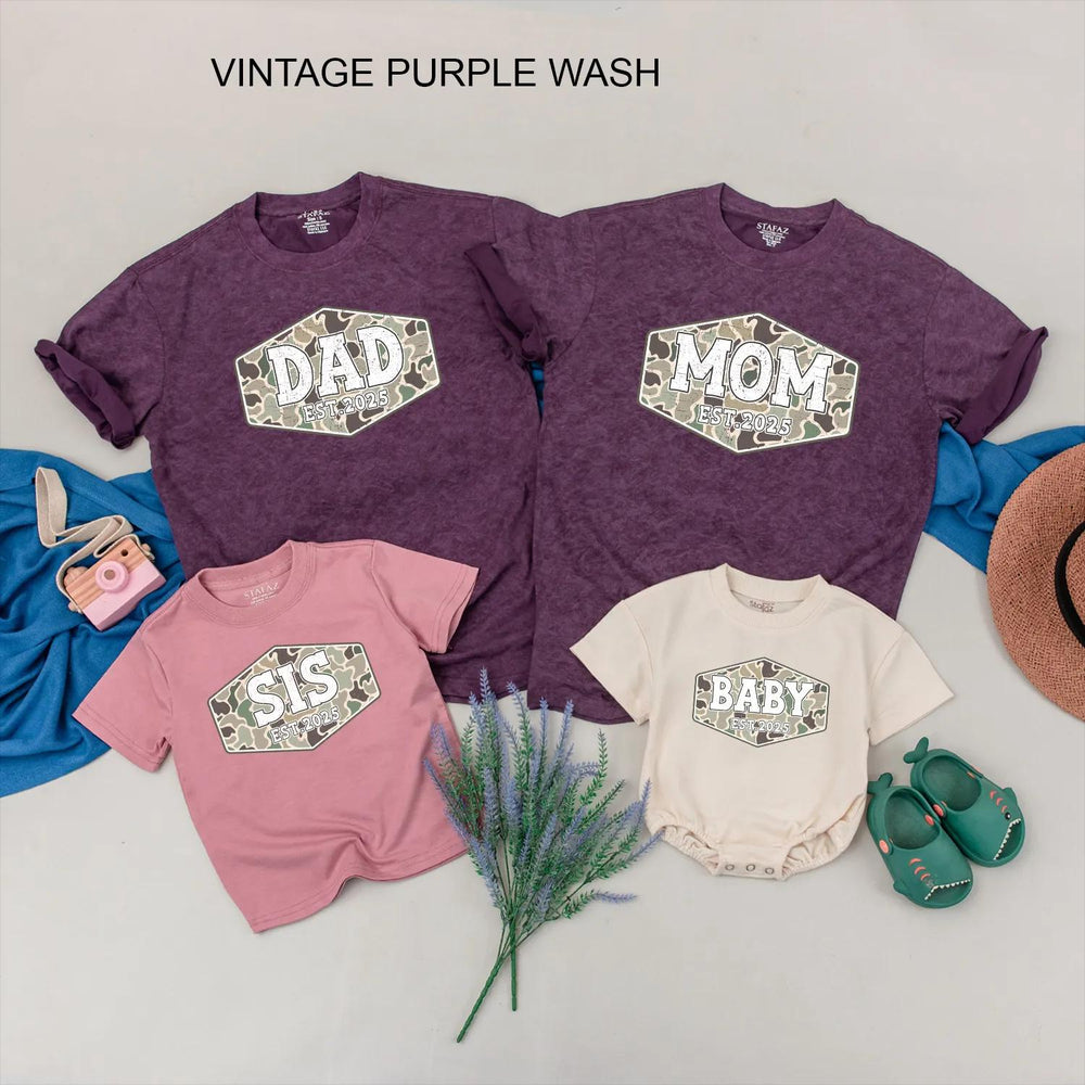 Custom Family Camouflage Shirts with Est. 2025 Design, Matching Dad Mom Baby Toddler Tees, Soft Cotton Camo Outfit for Holidays or Gifting