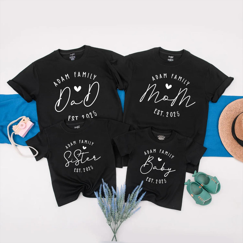 Custom Family Matching Shirts with Adam Family Design, Personalized Baby Announcement Outfit, Modern Minimalist Style, Est. 2025 Gift