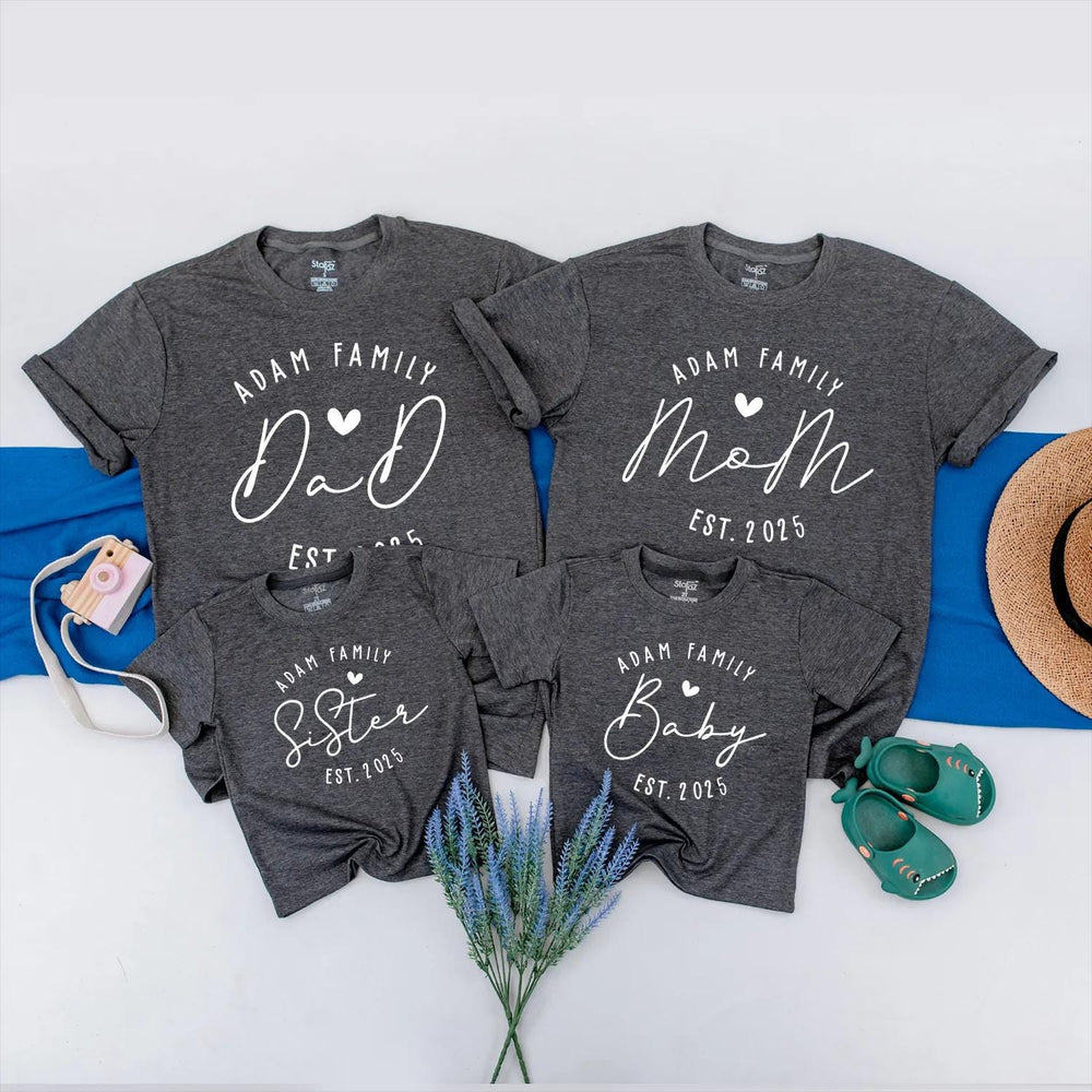 Custom Family Matching Shirts with Adam Family Design, Personalized Baby Announcement Outfit, Modern Minimalist Style, Est. 2025 Gift