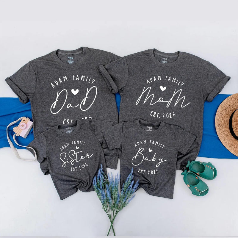 Custom Family Matching Shirts with Adam Family Design, Personalized Baby Announcement Outfit, Modern Minimalist Style, Est. 2025 Gift