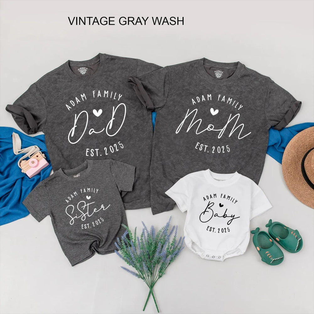 Custom Family Matching Shirts with Adam Family Design, Personalized Baby Announcement Outfit, Modern Minimalist Style, Est. 2025 Gift