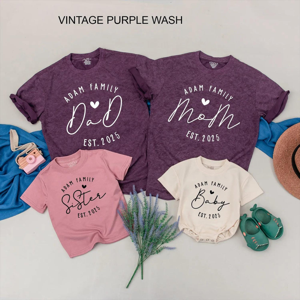 Custom Family Matching Shirts with Adam Family Design, Personalized Baby Announcement Outfit, Modern Minimalist Style, Est. 2025 Gift