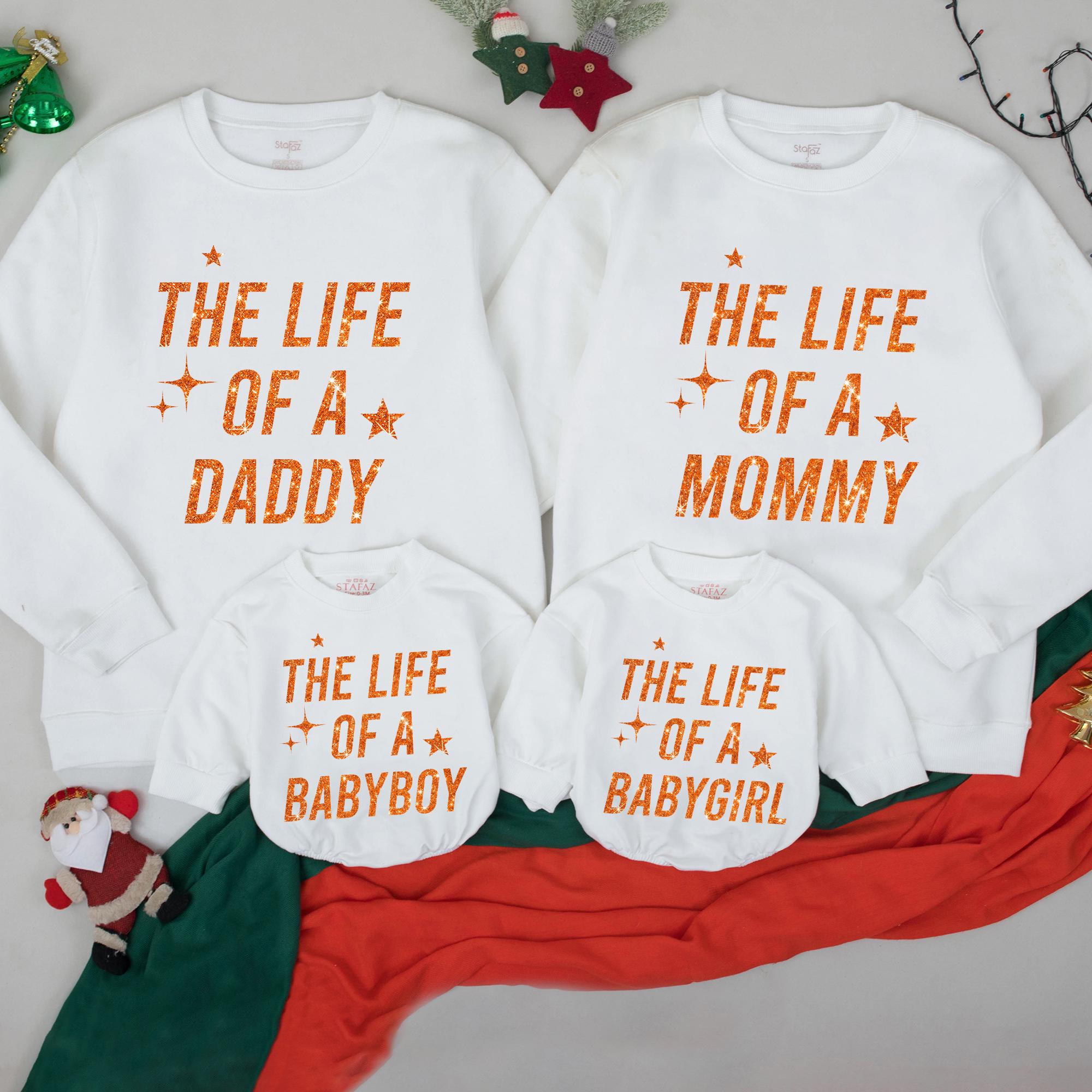 Custom Family Sweatshirt and BabyGirl Romper Matching Outfits Vibrant Orange Text Stars Mommy Daddy BabyBoy BabyGirl Cotton Comfort