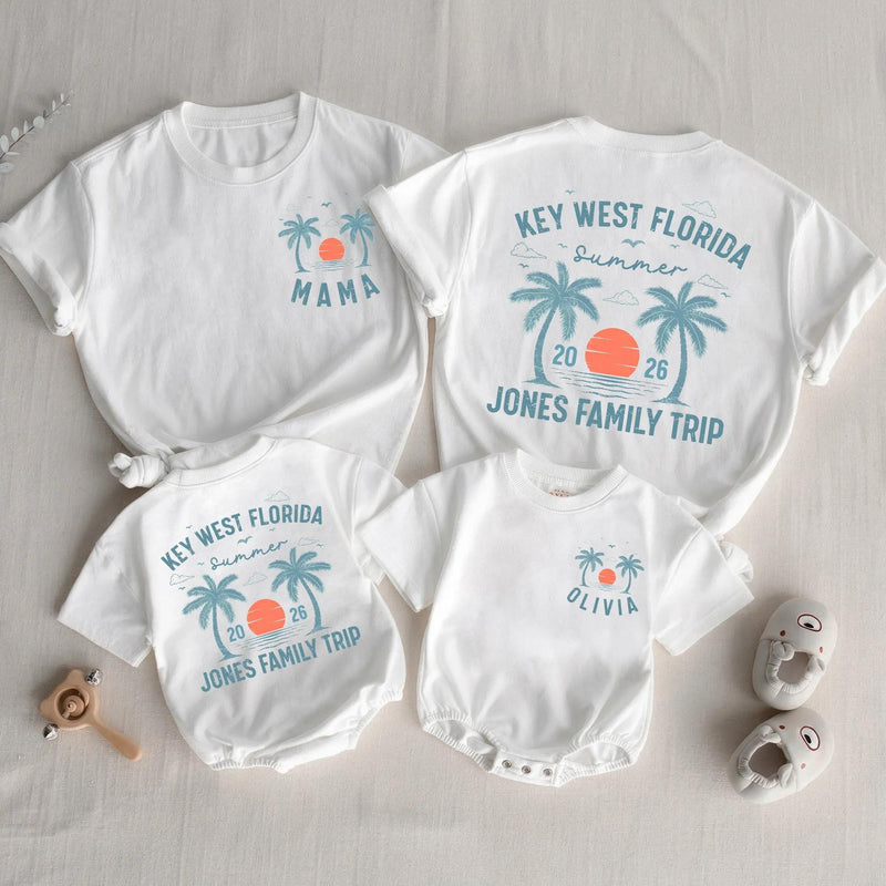 Custom Family Vacation Shirts 2026 Key West Florida Beach Trip Tees with Palm Trees and Sunset, Personalized Summer Matching Outfits