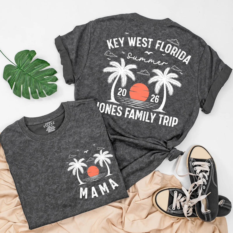 Custom Family Vacation Shirts 2026 Key West Florida Beach Trip Tees with Palm Trees and Sunset, Personalized Summer Matching Outfits