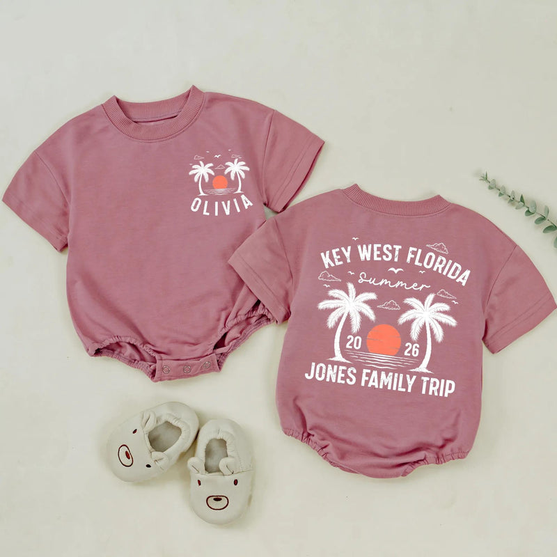 Custom Family Vacation Shirts 2026 Key West Florida Beach Trip Tees with Palm Trees and Sunset, Personalized Summer Matching Outfits