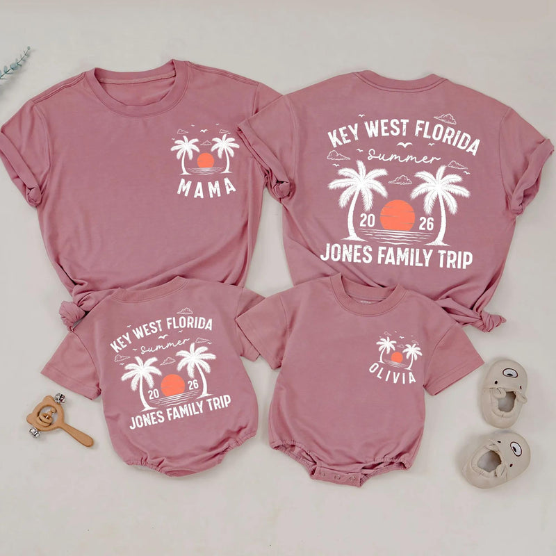 Custom Family Vacation Shirts 2026 Key West Florida Beach Trip Tees with Palm Trees and Sunset, Personalized Summer Matching Outfits