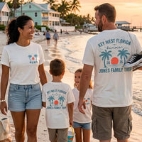 Custom Family Vacation Shirts 2026 Key West Florida Beach Trip Tees with Palm Trees and Sunset, Personalized Summer Matching Outfits