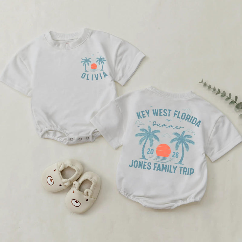 Custom Family Vacation Shirts 2026 Key West Florida Beach Trip Tees with Palm Trees and Sunset, Personalized Summer Matching Outfits