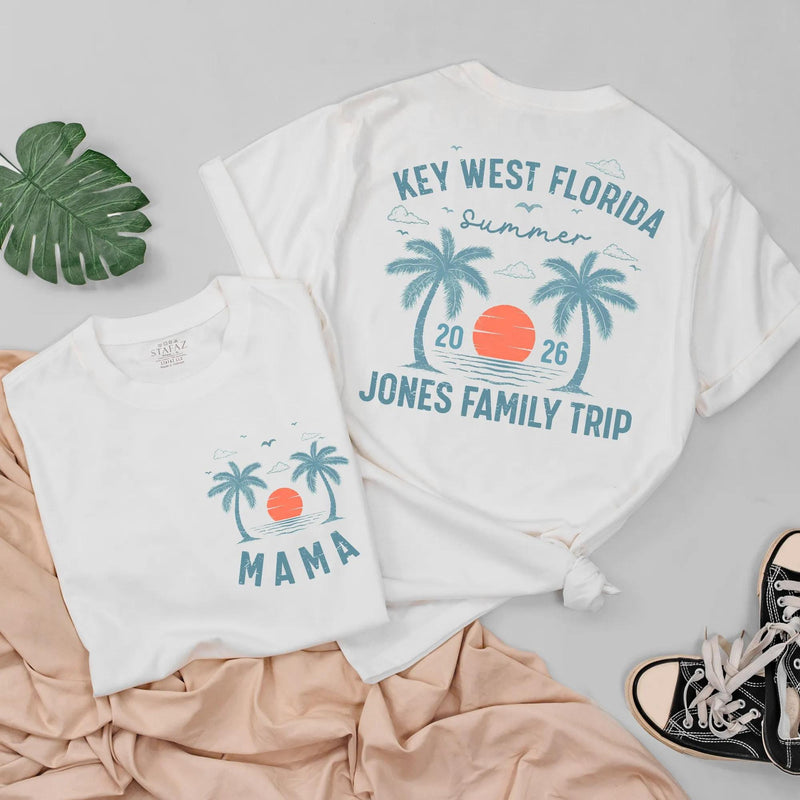 Custom Family Vacation Shirts 2026 Key West Florida Beach Trip Tees with Palm Trees and Sunset, Personalized Summer Matching Outfits