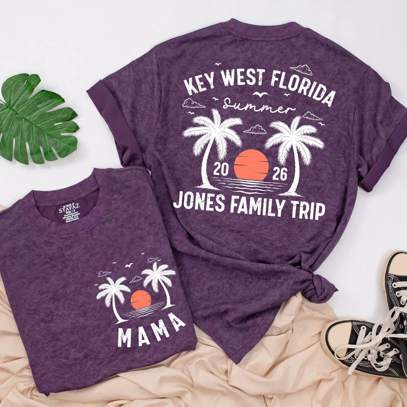 Custom Family Vacation Shirts 2026 Personalized Key West Tees with Sunset and Palm Tree Design Matching Summer Beach Trip Outfits