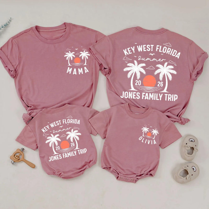 Custom Family Vacation Shirts 2026 Personalized Key West Tees with Sunset and Palm Tree Design Matching Summer Beach Trip Outfits