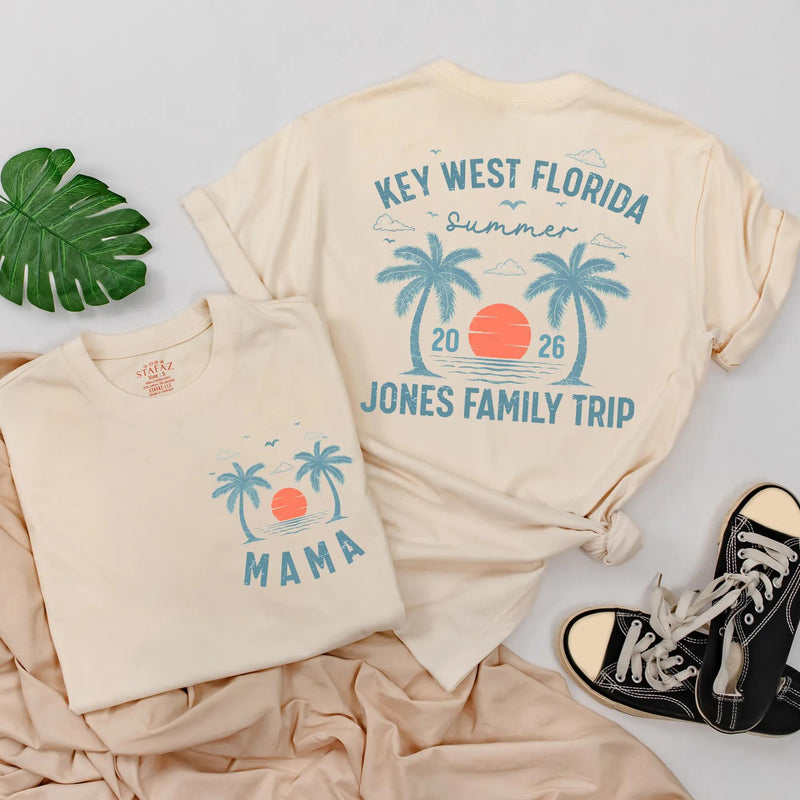 Custom Family Vacation Shirts 2026 Personalized Key West Tees with Sunset and Palm Tree Design Matching Summer Beach Trip Outfits