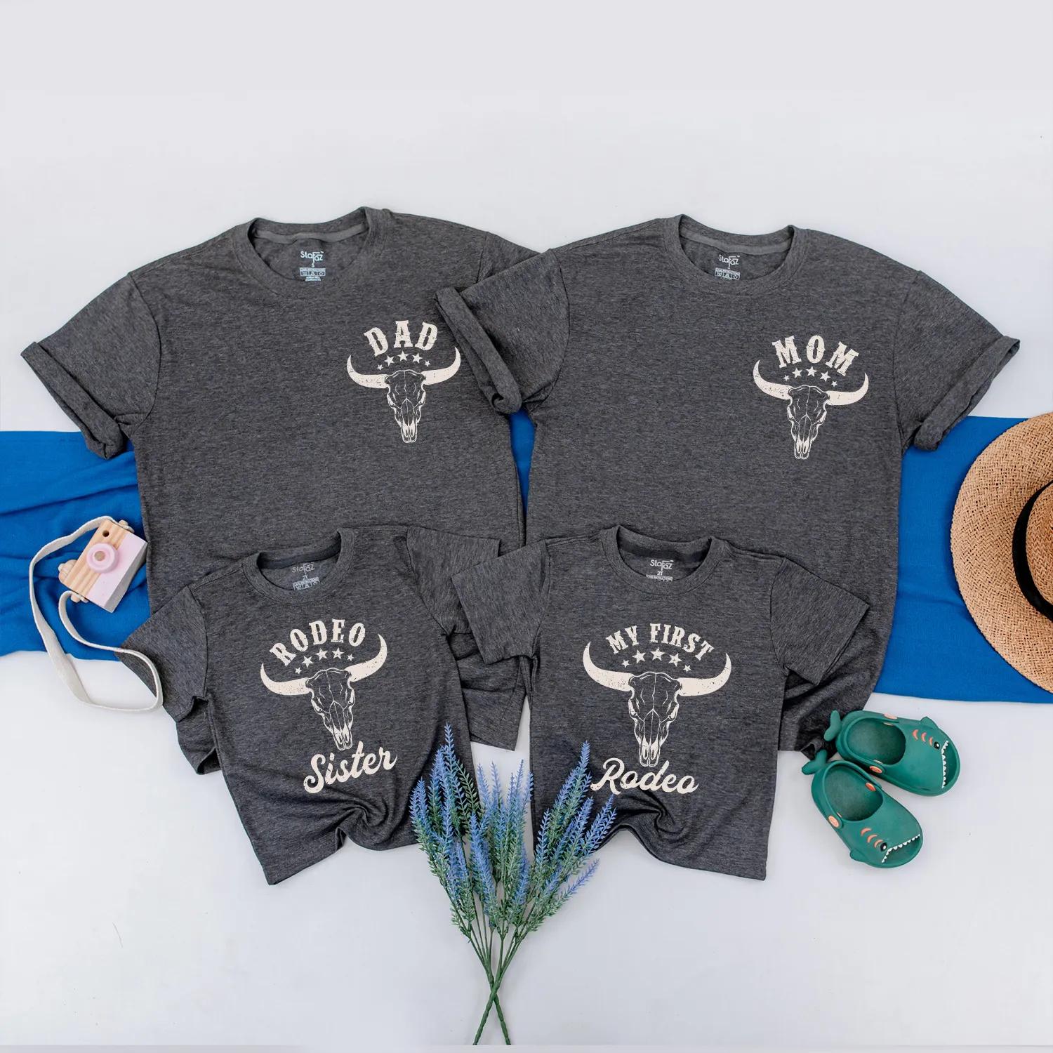 Custom Family Western Rodeo Shirts Longhorn Skull Design Cowboy Outfit Baby Boy Birthday Romper Cotton Soft Matching Clothes