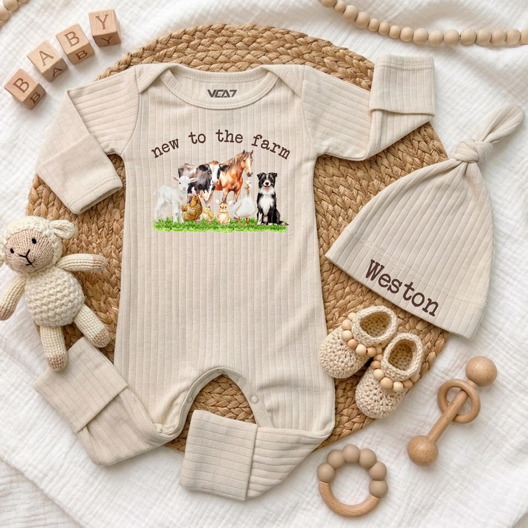 Custom Farm Animal Baby Bodysuit & Hat Set, Newborn Coming Home Outfit, Soft Cotton Ribbed Romper, Country Baby Shower Gift for Boys & Girls