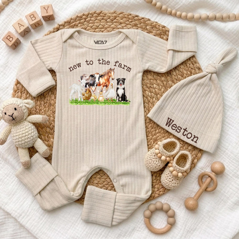 Custom Farm Animal Baby Bodysuit & Hat Set, Newborn Coming Home Outfit, Soft Cotton Ribbed Romper, Country Baby Shower Gift for Boys & Girls