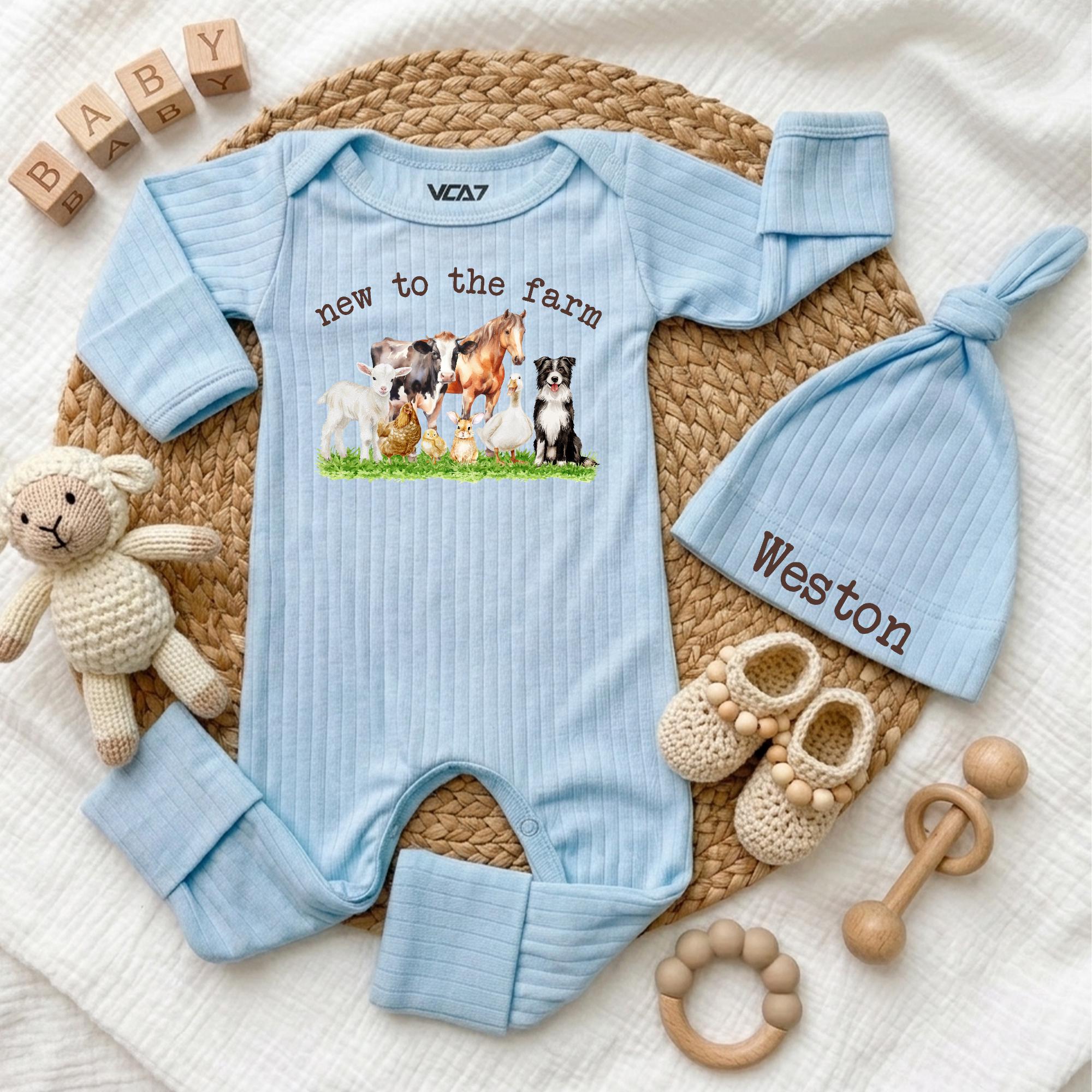 Custom Farm Animal Baby Bodysuit & Hat Set, Newborn Coming Home Outfit, Soft Cotton Ribbed Romper, Country Baby Shower Gift for Boys & Girls