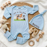 Custom Farm Animal Baby Bodysuit & Hat Set, Newborn Coming Home Outfit, Soft Cotton Ribbed Romper, Country Baby Shower Gift for Boys & Girls