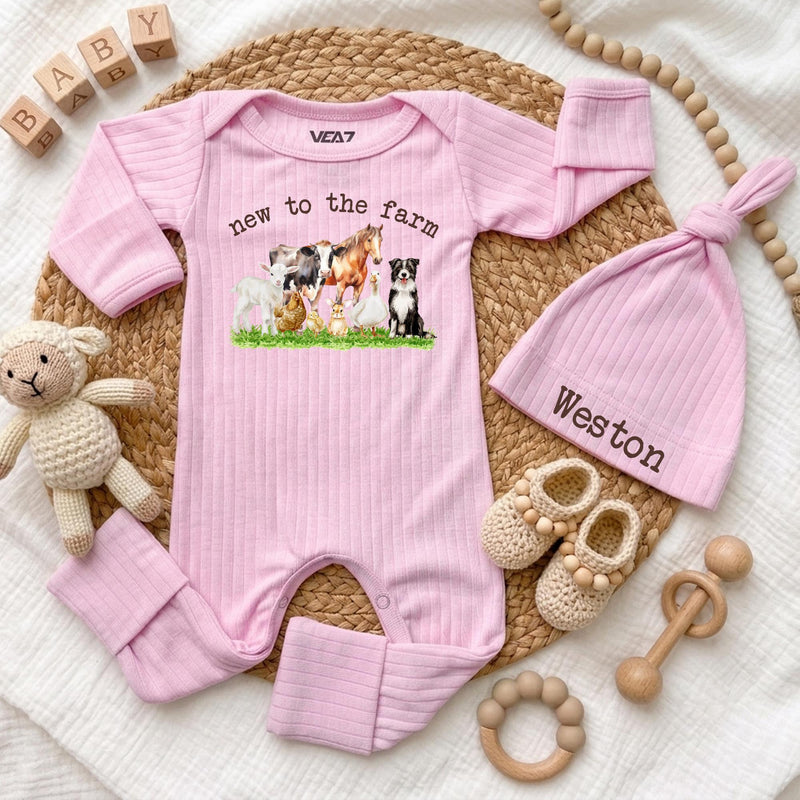 Custom Farm Animal Baby Bodysuit & Hat Set, Newborn Coming Home Outfit, Soft Cotton Ribbed Romper, Country Baby Shower Gift for Boys & Girls