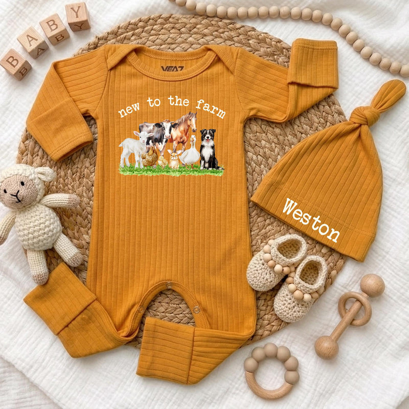 Custom Farm Animal Baby Bodysuit & Hat Set, Newborn Coming Home Outfit, Soft Cotton Ribbed Romper, Country Baby Shower Gift for Boys & Girls