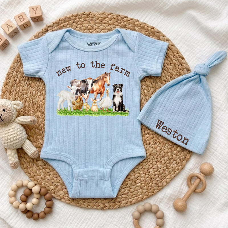 Custom Farm Animal Baby Bodysuit & Hat Set, Newborn Coming Home Outfit, Soft Cotton Ribbed Romper, Country Baby Shower Gift for Boys & Girls