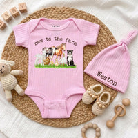 Custom Farm Animal Baby Bodysuit & Hat Set, Newborn Coming Home Outfit, Soft Cotton Ribbed Romper, Country Baby Shower Gift for Boys & Girls