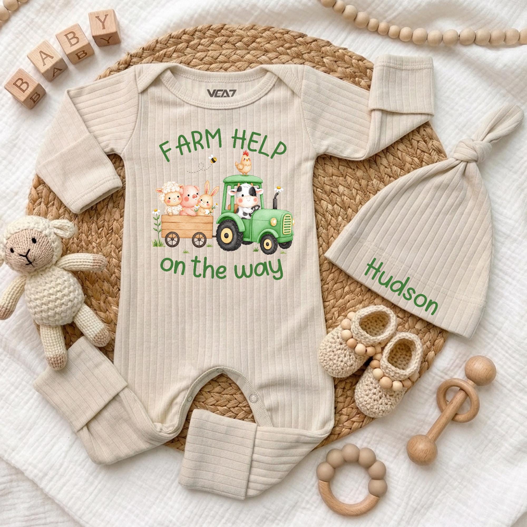 Custom Farm Animal Baby Bodysuit & Hat Set - Tractor Print, Beige Cotton, Newborn Outfit for Coming Home, Baby Shower Gift, Infant Apparel