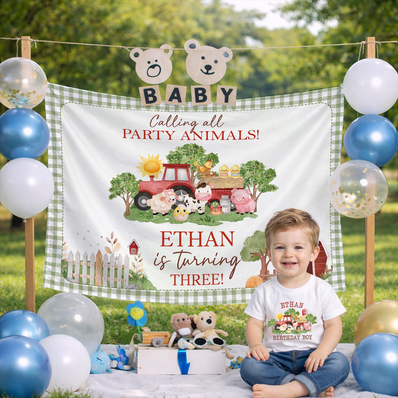 Custom Farm Animals Birthday Silk Banner for Toddler, Barnyard Party Backdrop, Ethan Turns 3, Vibrant Colors, Perfect for Celebrations