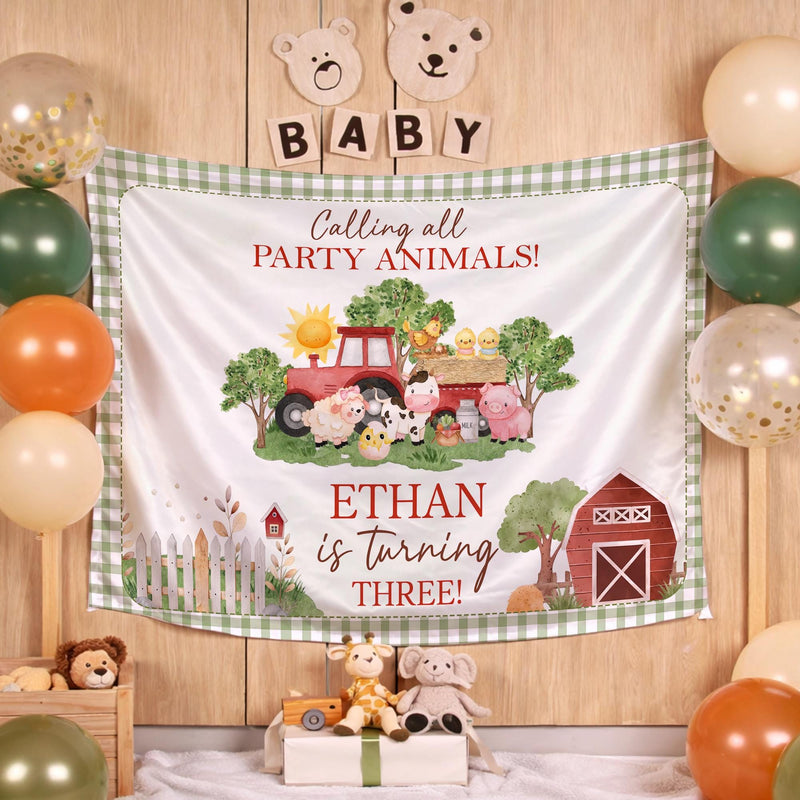 Custom Farm Animals Birthday Silk Banner for Toddler, Barnyard Party Backdrop, Ethan Turns 3, Vibrant Colors, Perfect for Celebrations
