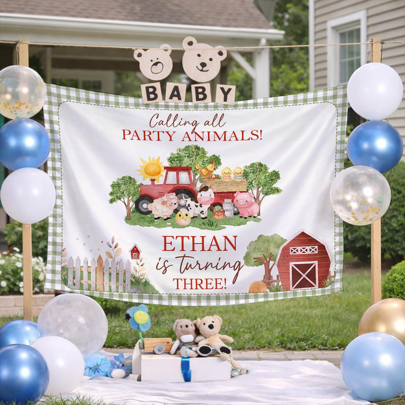 Custom Farm Animals Birthday Silk Banner for Toddler, Barnyard Party Backdrop, Ethan Turns 3, Vibrant Colors, Perfect for Celebrations