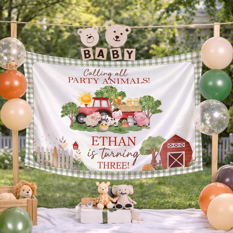 Custom Farm Animals Birthday Silk Banner for Toddler, Barnyard Party Backdrop, Ethan Turns 3, Vibrant Colors, Perfect for Celebrations