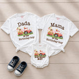 Custom Farm Birthday Matching Family Shirts with Tractor Design, Soft Cotton Mama Dada Tees and Baby Boy Romper for 1st Birthday