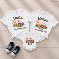 Custom Farm Birthday Matching Family Shirts with Tractor Design, Soft Cotton Mama Dada Tees and Baby Boy Romper for 1st Birthday