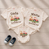 Custom Farm Birthday Matching Family Shirts with Tractor Design, Soft Cotton Mama Dada Tees and Baby Boy Romper for 1st Birthday