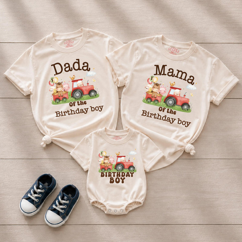 Custom Farm Birthday Matching Family Shirts with Tractor Design, Soft Cotton Mama Dada Tees and Baby Boy Romper for 1st Birthday