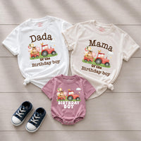 Custom Farm Birthday Matching Family Shirts with Tractor Design, Soft Cotton Mama Dada Tees and Baby Boy Romper for 1st Birthday