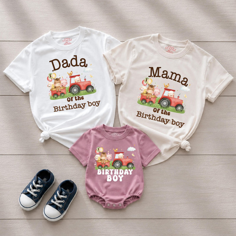 Custom Farm Birthday Matching Family Shirts with Tractor Design, Soft Cotton Mama Dada Tees and Baby Boy Romper for 1st Birthday