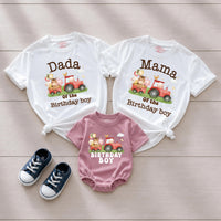 Custom Farm Birthday Matching Family Shirts with Tractor Design, Soft Cotton Mama Dada Tees and Baby Boy Romper for 1st Birthday